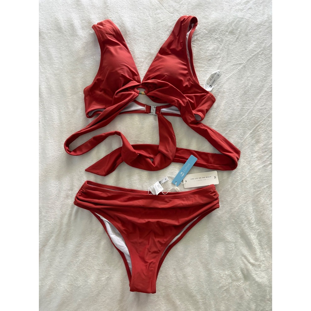 Cupshe Womens Terracotta Red Wrap V-Neck Ring Detail Bikini Two Piece Set Size M